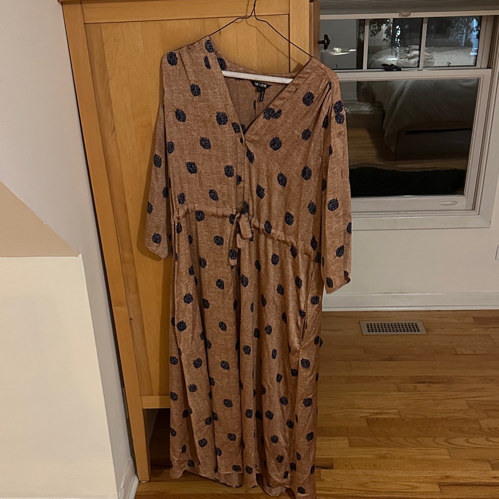 NIC+ZOE Brown Long Sleeve Dress with Navy Dots